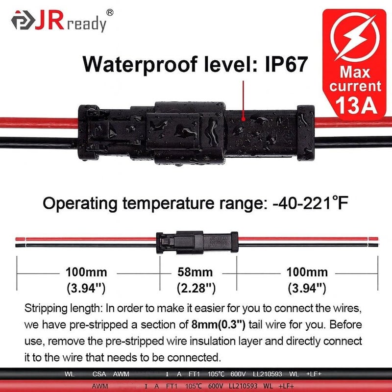 JRready طقم موصلات دويتش 2 دبوس - سلكين DT Pigtail أسود - 6 مجموعات موصلات ST9020 مقاومة للماء IP67 مع 24 قطعة موصلات طرفية، سلك سميك 14AWG (UL1015) - Image 3